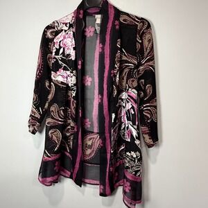 Chico's dark Floral Paisley Sheer Open Front Cardigan Black Pink Size 0‎ 4/6